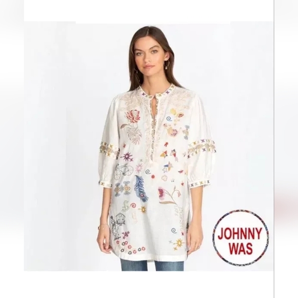 Johnny Was Tops - Johnny Was White Embroidered 100% Linen Azuza Tunic Top Large